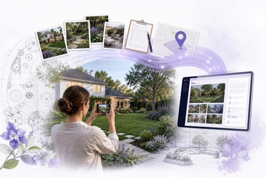 Homeowner documenting an existing property for landscape design